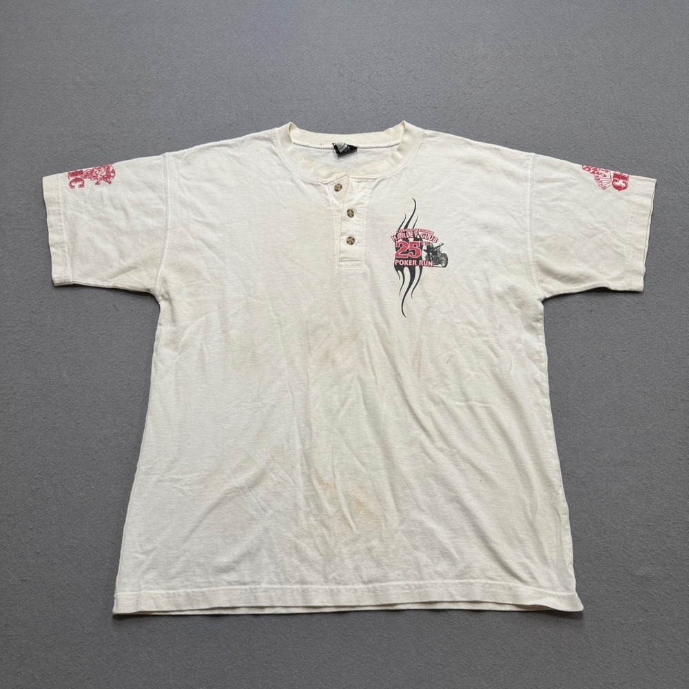 Vintage PACE T-Shirt Men's XL White Henley Charlottetown Harley Club Poker Run